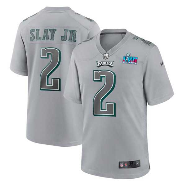 Mens Philadelphia Eagles #2 Darius Slay Jr. Gray Super Bowl LVII Patch Atmosphere Fashion Stitched Game Jersey